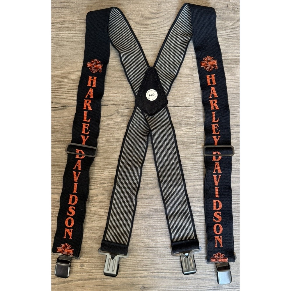 VTG Harley Davidson Mens Black Adjustable Suspenders Clip Elastic BIKER